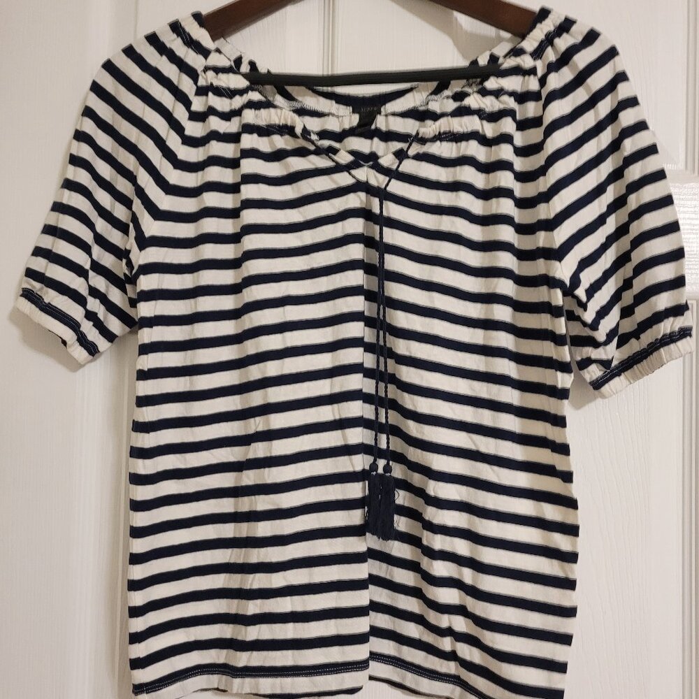 J Crew Women's Striped White And Navy Blue Casual Blouse Size XXS